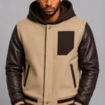 Camel Hooded Varsity Jacket Dark Brown Leather Sleeves Brown Patch