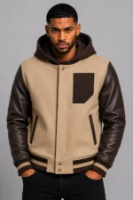 Camel Hooded Varsity Jacket Dark Brown Leather Sleeves Brown Patch
