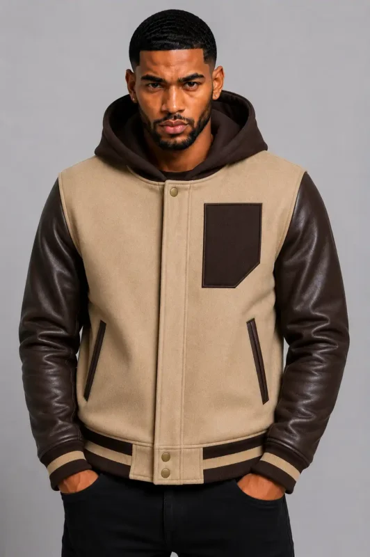 Camel Hooded Varsity Jacket Dark Brown Leather Sleeves Brown Patch