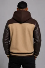 Camel Hooded Varsity Jacket Dark Brown Leather Sleeves Brown Patch For Sale