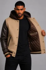 Camel Hooded Varsity Jacket Dark Brown Leather Sleeves Brown Patch On Sale