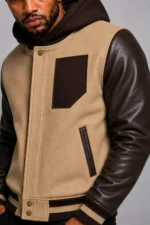 Camel Hooded Varsity Jacket Dark Brown Leather Sleeves On Sale