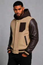 Camel Hooded Varsity Jacket Dark Brown Leather Sleeves Sale
