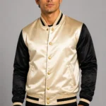 Champagne Gold Black Satin Varsity Jacket Mens Gold Satin Lining