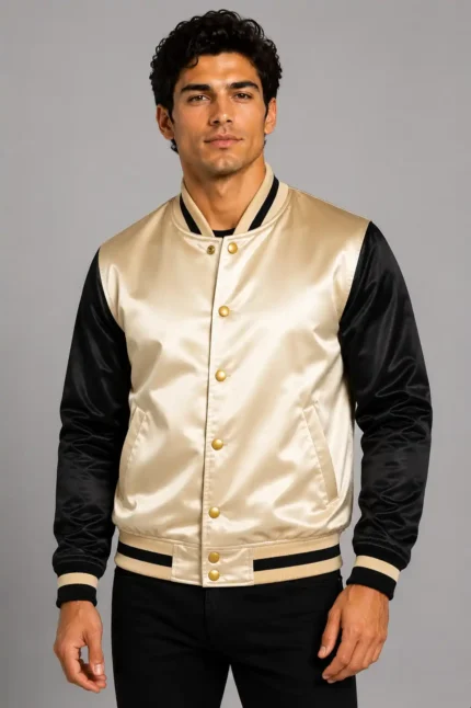 Champagne Gold Black Satin Varsity Jacket Mens Gold Satin Lining