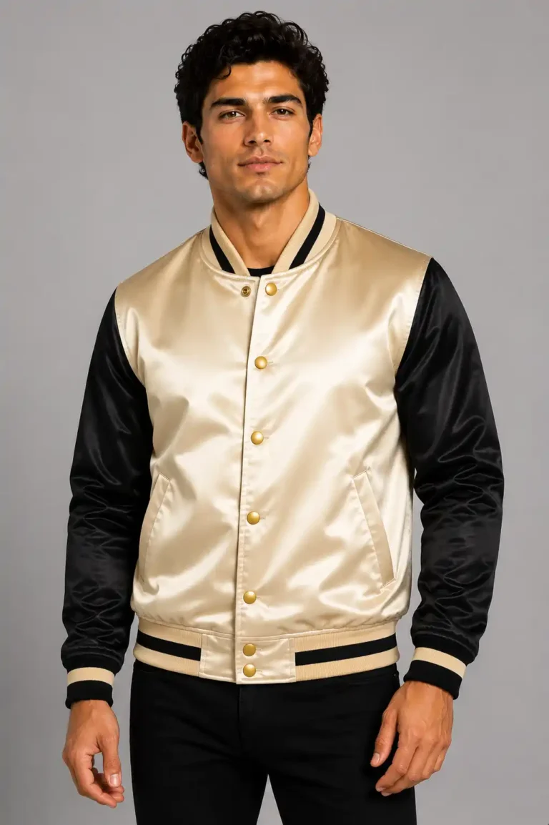 Champagne Gold Black Satin Varsity Jacket Mens Gold Satin Lining