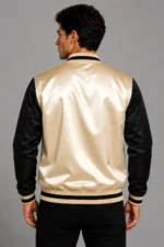 Champagne Gold Black Satin Varsity Jacket Mens Gold Satin Lining For Sale