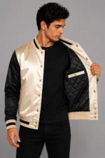 Champagne Gold Black Satin Varsity Jacket Mens Gold Satin Lining On Sale