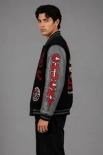 Chucky Exclusive Black Grey Leather Sleeve Varsity Jacket 1990