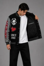 Chucky Exclusive Black Grey Leather Sleeve Varsity Jacket 1990 For Sale