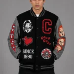 Chucky Exclusive Black Wool Varsity Jacket Grey Leather Sleeves