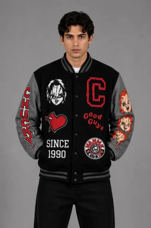 Chucky Exclusive Black Wool Varsity Jacket Grey Leather Sleeves