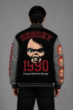 Chucky Exclusive Black Wool Varsity Jacket Grey Leather Sleeves For Sale