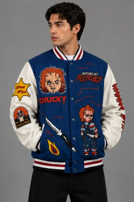 Chucky Exclusive Blue Wool Varsity Jacket Graphic Back Patches