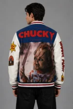 Chucky Exclusive Blue Wool Varsity Jacket Graphic Back Patches For Sale