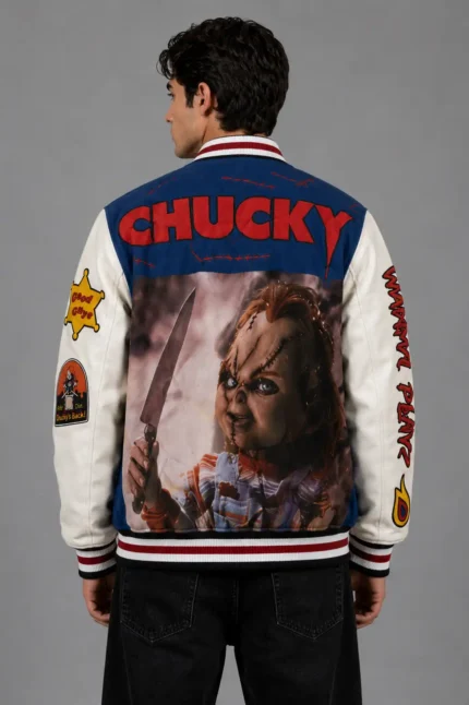Chucky Exclusive Blue Wool Varsity Jacket Graphic Back Patches For Sale