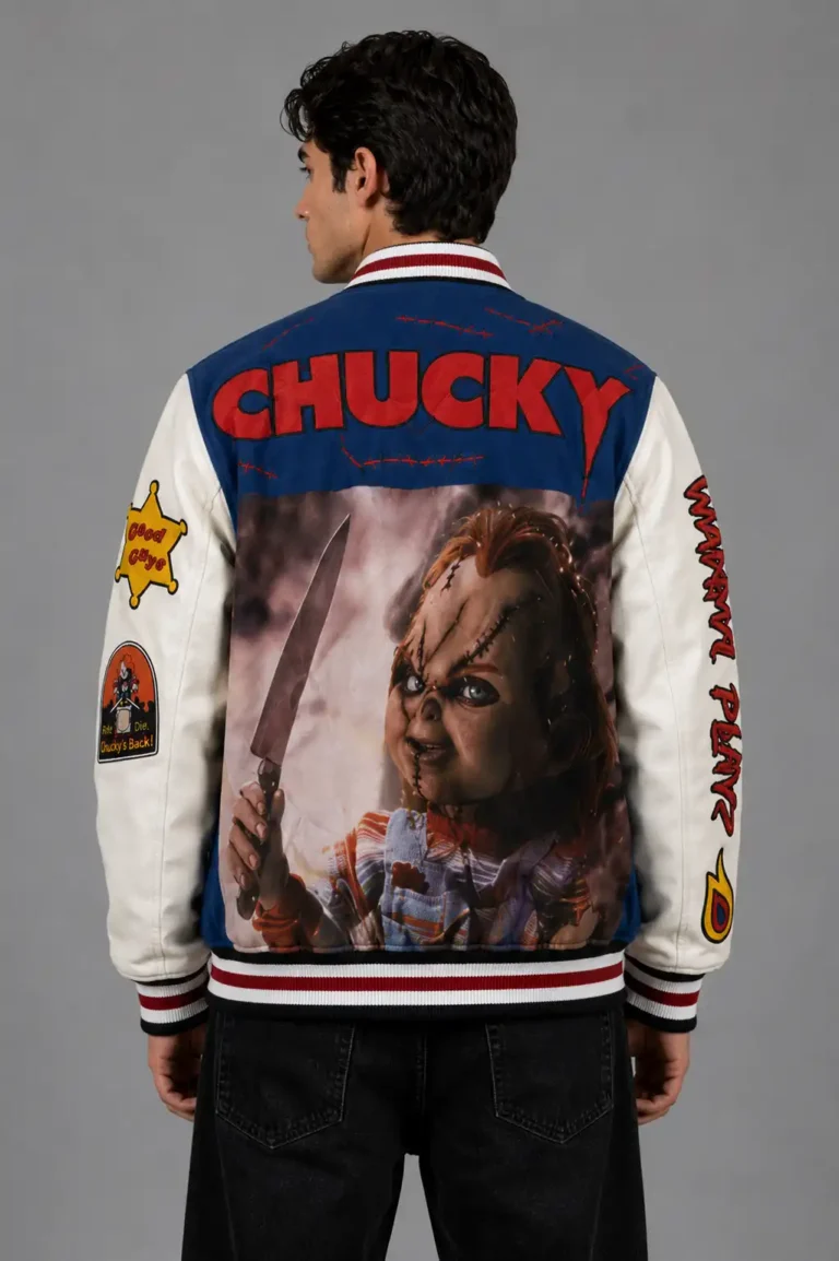 Chucky Exclusive Blue Wool Varsity Jacket Graphic Back Patches For Sale