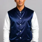Cobalt Blue White Satin Varsity Jacket Mens Navy Satin Lining