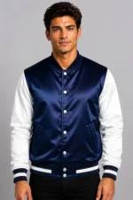 Cobalt Blue White Satin Varsity Jacket Mens Navy Satin Lining