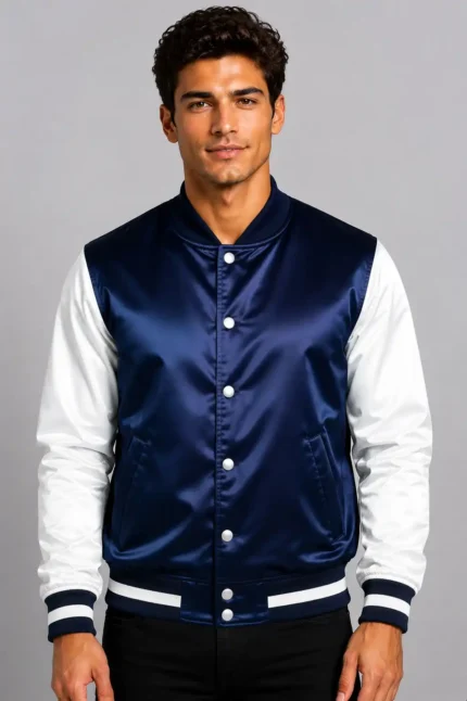 Cobalt Blue White Satin Varsity Jacket Mens Navy Satin Lining
