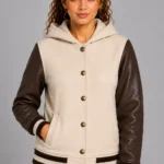 Cream Chocolate Leather Hooded Womens Varsity Jacket Black Rib