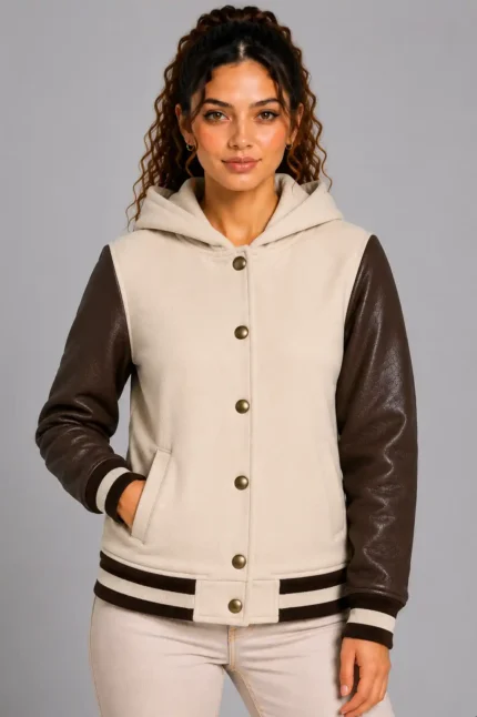 Cream Chocolate Leather Hooded Womens Varsity Jacket Black Rib