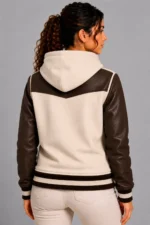 Cream Chocolate Leather Hooded Womens Varsity Jacket Black Rib For Sale