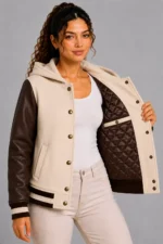 Cream Chocolate Leather Hooded Womens Varsity Jacket Black Rib On SALE