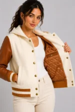 Cream Cognac Leather Hooded Womens Varsity Caramel Rib