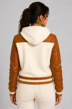 Cream Cognac Leather Hooded Womens Varsity Jacket Caramel