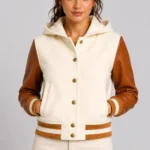 Cream Cognac Leather Hooded Womens Varsity Jacket Caramel Rib