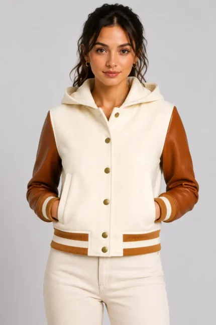 Cream Cognac Leather Hooded Womens Varsity Jacket Caramel Rib