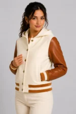 Cream Cognac Leather Hooded Womens Varsity Jacket Caramel Rib For Sale
