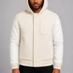 Cream Hooded Varsity Jacket Full Grain Leather Melton Wool Hood