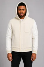 Cream Hooded Varsity Jacket Full Grain Leather Melton Wool Hood