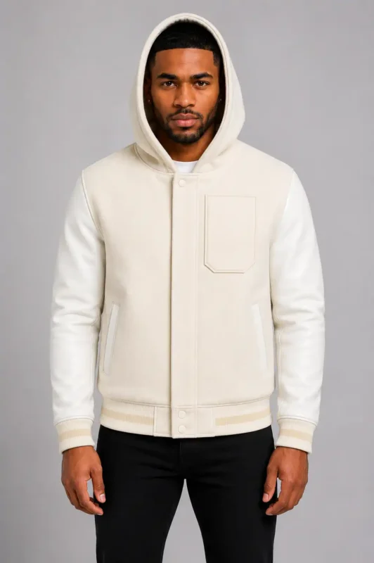 Cream Hooded Varsity Jacket Full Grain Leather Melton Wool Hood