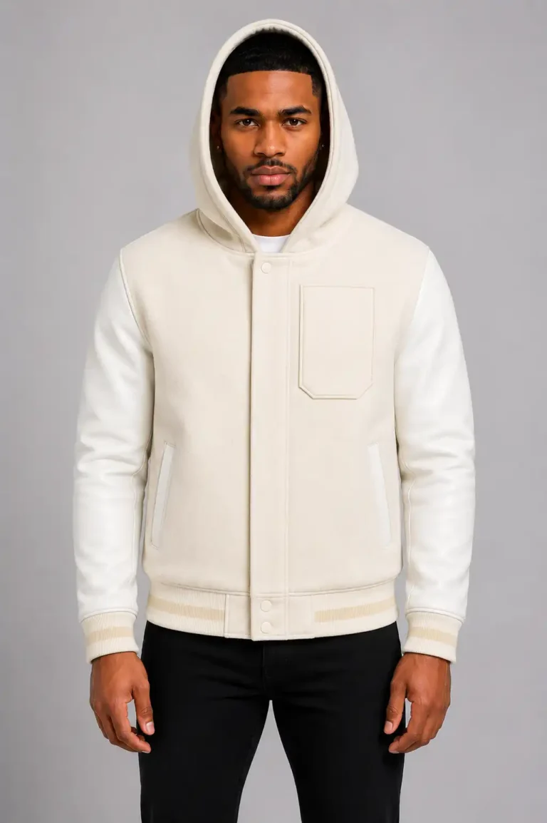 Cream Hooded Varsity Jacket Full Grain Leather Melton Wool Hood