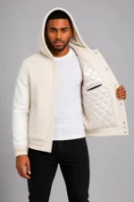 Cream Hooded Varsity Jacket Full Grain Leather Melton Wool Hood - Image 4