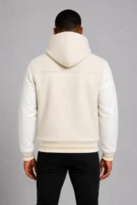 Cream Hooded Varsity Jacket Full Grain Leather Melton Wool Hood - Image 2