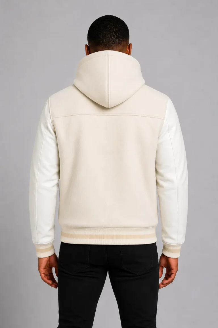 Cream Hooded Varsity Jacket Full Grain Leather Sleeves For Sale