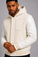Cream Hooded Varsity Jacket Full Leather Melton Wool Hood For Sale