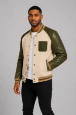 Cream Olive Leather Sleeve Varsity Jacket For Sale