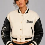 Cream Society Embroidered Cropped Varsity Jacket Women Cream Black