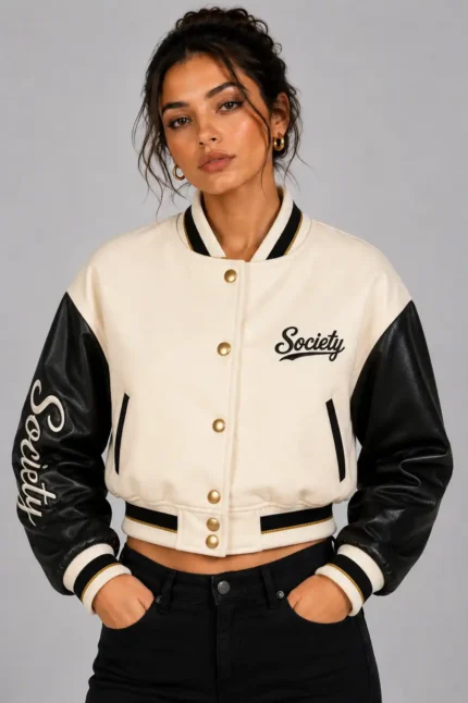 Cream Society Embroidered Cropped Varsity Jacket Women Cream Black