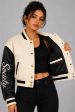 Cream Society Embroidered Cropped Varsity Jacket Women Cream Black For Sale