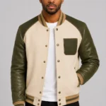Cream Wool Varsity Jacket Olive Leather Sleeves Olive Chest Patch