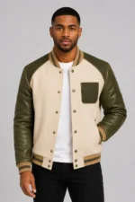 Cream Wool Varsity Jacket Olive Leather Sleeves Olive Chest Patch