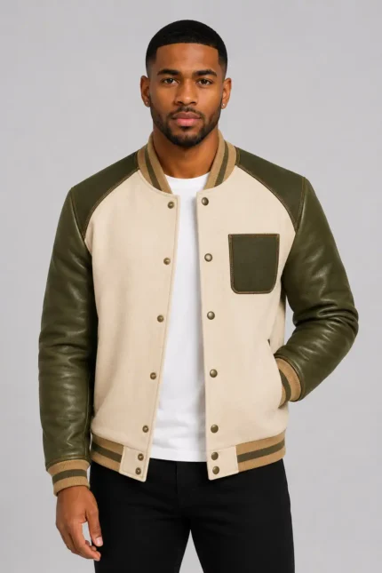Cream Wool Varsity Jacket Olive Leather Sleeves Olive Chest Patch
