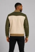 Cream Wool Varsity Jacket Olive Leather Sleeves Olive Chest Patch For Sale