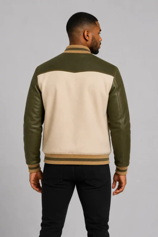 Cream Wool Varsity Jacket Olive Leather Sleeves Olive Chest Patch For Sale